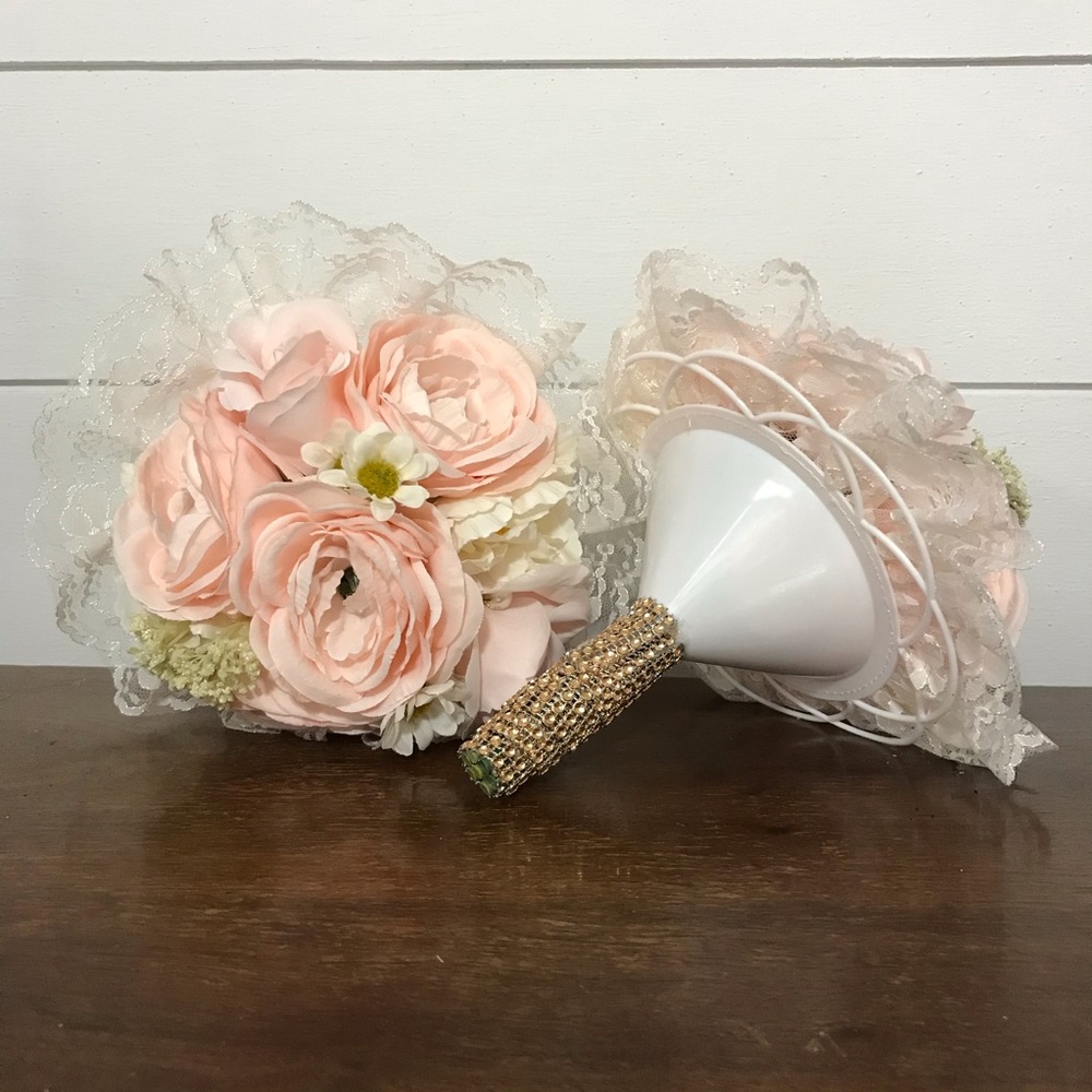 2 flower fake bouquets with rhinestone handles